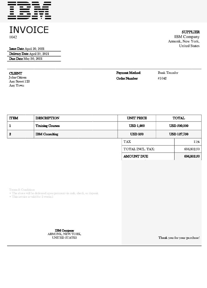 USA IBM invoice template PSD template
